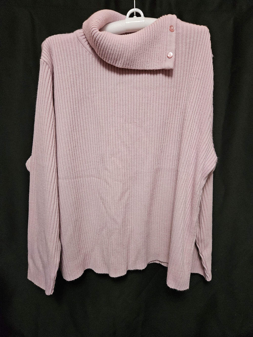 Nina Leonard Light Pink Ribbed Button-Shoulder Turtleneck Sweater